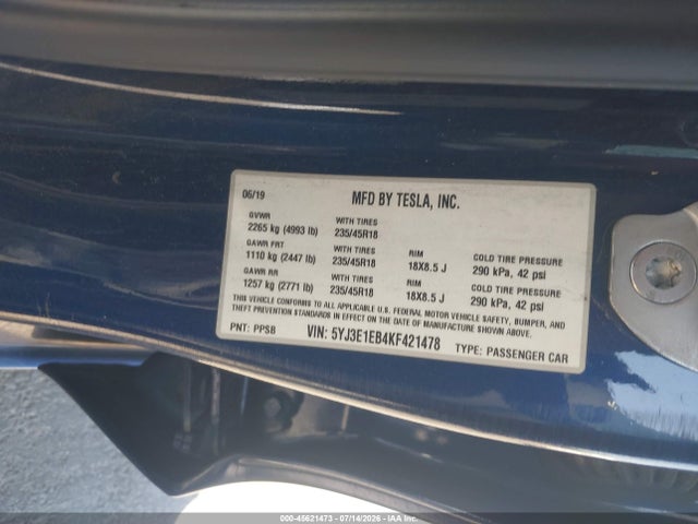 Продажа на аукционе авто 2019 Tesla Model 3 Long Range/performance, vin: 5YJ3E1EB4KF421478, номер лота: 45621473