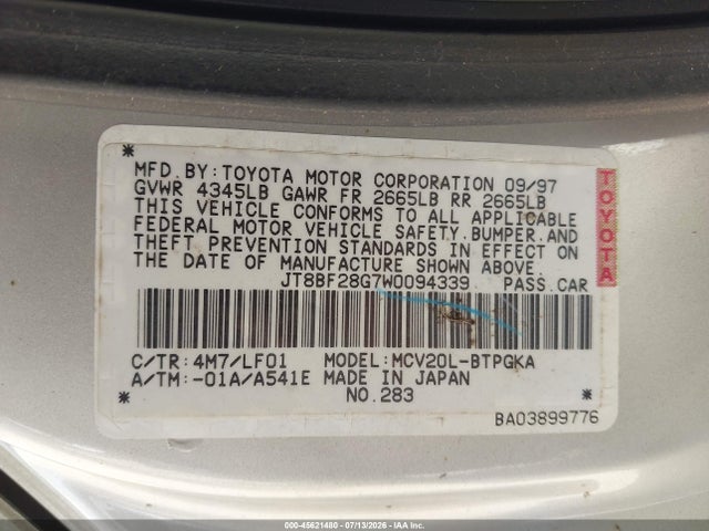 1998 Lexus Es 300 მანქანა იყიდება აუქციონზე, vin: JT8BF28G7W0094339, აუქციონის ნომერი: 45621480