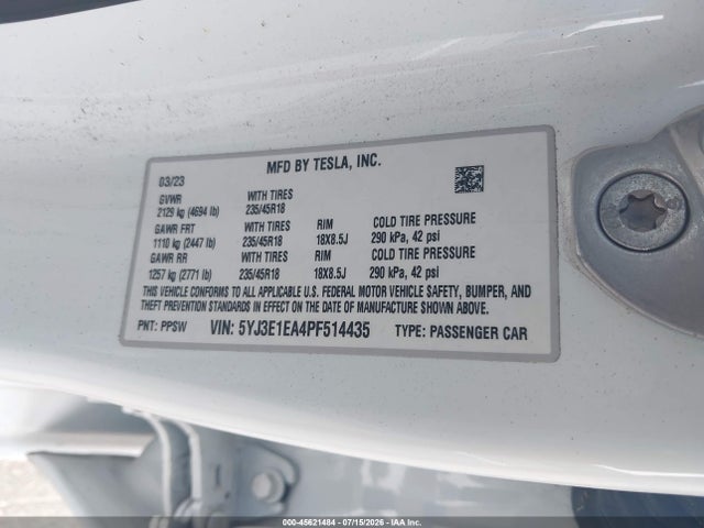 Продаж на аукціоні авто 2023 Tesla Model 3 Rear-wheel Drive, vin: 5YJ3E1EA4PF514435, номер лоту: 45621484