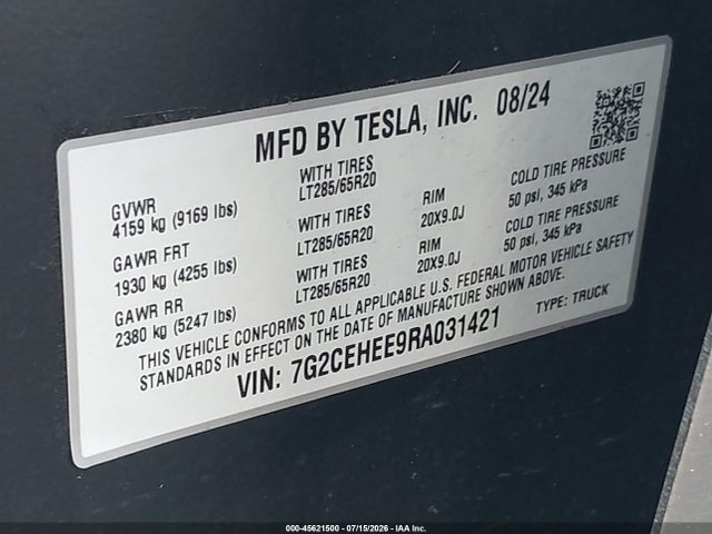 45621500 :رقم المزاد ، 7G2CEHEE9RA031421 vin ، 2024 Tesla Cybertruck Cyberbeast مزاد بيع