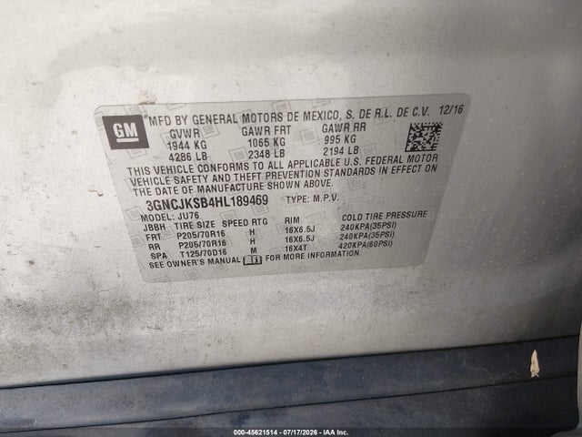 Продаж на аукціоні авто 2017 Chevrolet Trax Ls, vin: 3GNCJKSB4HL189469, номер лоту: 45621514