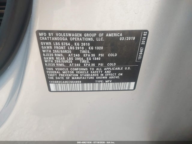 Aukcja sprzedaży 2019 Volkswagen Atlas 3.6l V6 Sel R-line, vin: 1V2SR2CA0KC554959, numer aukcji: 45621536