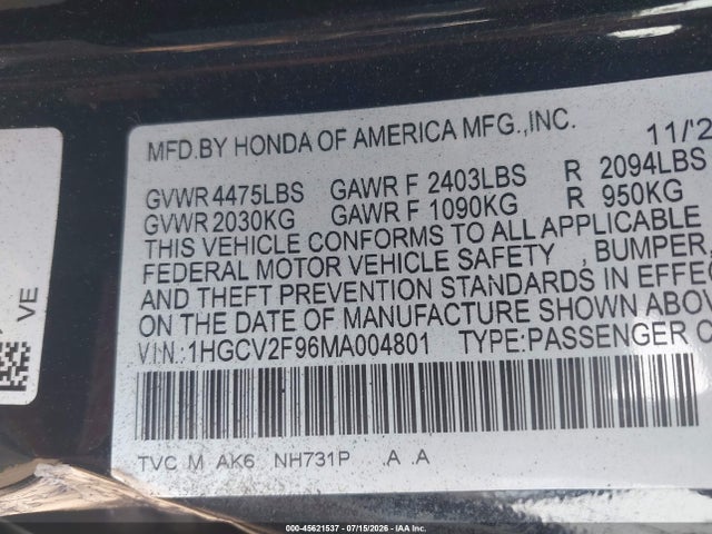 45621537 :رقم المزاد ، 1HGCV2F96MA004801 vin ، 2021 Honda Accord Touring مزاد بيع