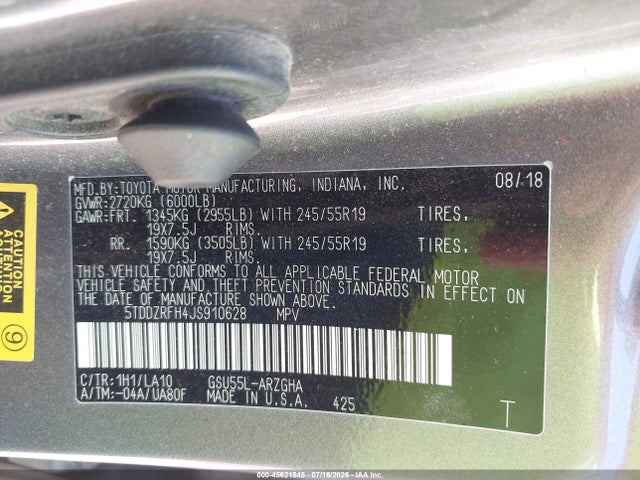 Aukcja sprzedaży 2018 Toyota Highlander Limited, vin: 5TDDZRFH4JS910628, numer aukcji: 45621545