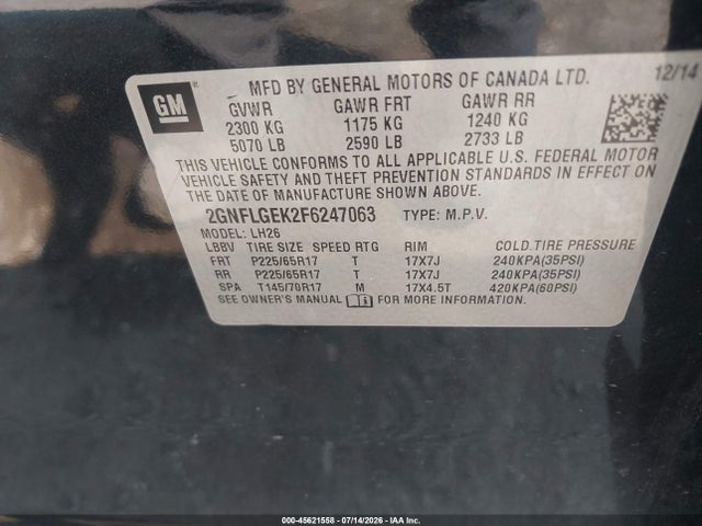 Aukcja sprzedaży 2015 Chevrolet Equinox Lt, vin: 2GNFLGEK2F6247063, numer aukcji: 45621558