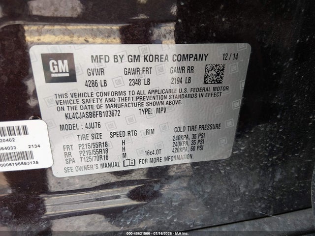 Aukcja sprzedaży 2015 Buick Encore, vin: KL4CJASB6FB103672, numer aukcji: 45621566