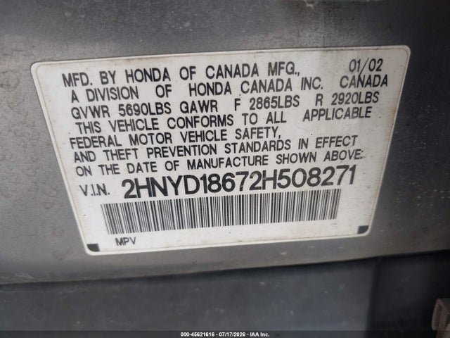 45621616 :رقم المزاد ، 2HNYD18672H508271 vin ، 2002 Acura Mdx مزاد بيع