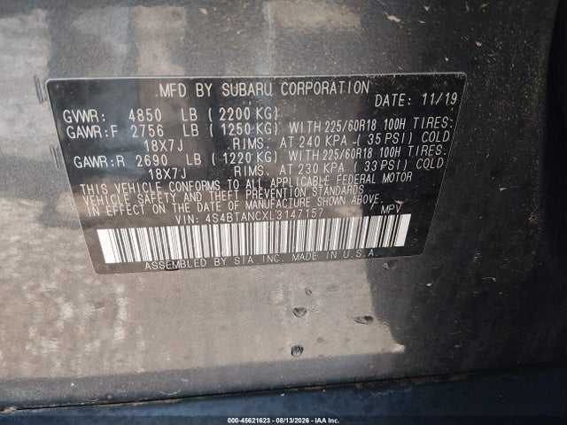 45621623 :رقم المزاد ، 4S4BTANCXL3147157 vin ، 2020 Subaru Outback Limited مزاد بيع