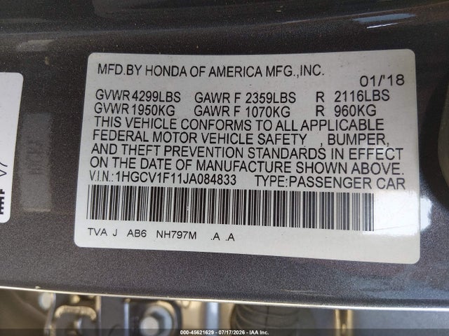 Honda ACCORD LX 2018 1HGCV1F11JA084833 Image 9