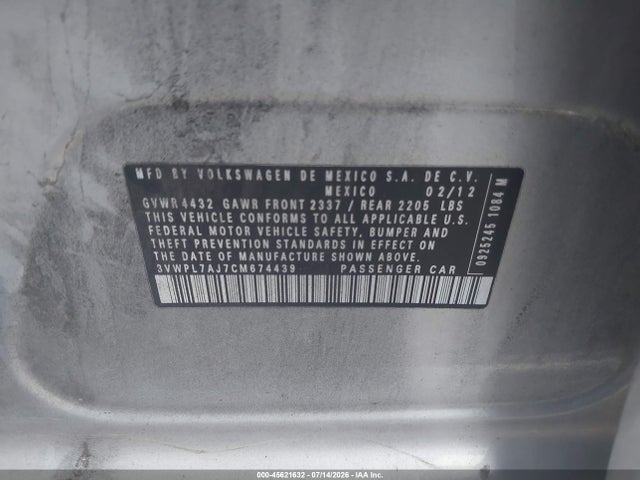 2012 Volkswagen Jetta Sportwagen 2.0l Tdi მანქანა იყიდება აუქციონზე, vin: 3VWPL7AJ7CM674439, აუქციონის ნომერი: 45621632