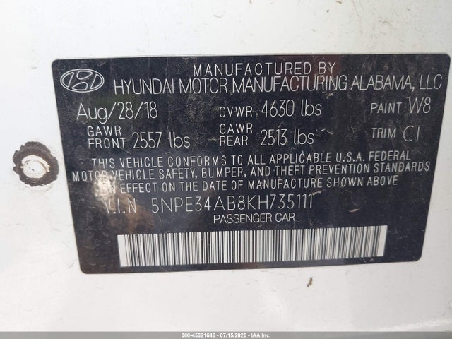 2019 Hyundai Sonata Limited 2.0t მანქანა იყიდება აუქციონზე, vin: 5NPE34AB8KH735111, აუქციონის ნომერი: 45621646