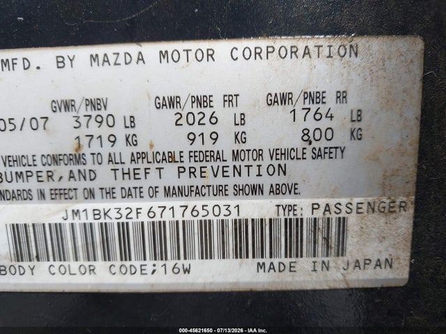 Aukcja sprzedaży 2007 Mazda Mazda3 I, vin: JM1BK32F671765031, numer aukcji: 45621650
