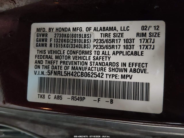 45621670 :رقم المزاد ، 5FNRL5H42CB062542 vin ، 2012 Honda Odyssey Ex مزاد بيع