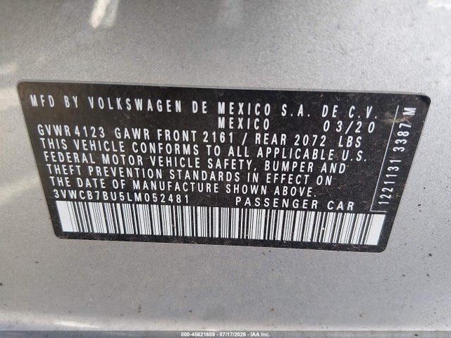 2020 Volkswagen Jetta 1.4t R-line/1.4t S/1.4t Se მანქანა იყიდება აუქციონზე, vin: 3VWCB7BU5LM052481, აუქციონის ნომერი: 45621689