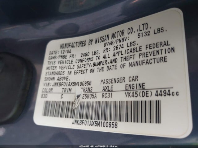 2005 Infiniti Q45 მანქანა იყიდება აუქციონზე, vin: JNKBF01AX5M100958, აუქციონის ნომერი: 45621691