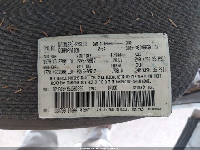 Aukcja sprzedaży 2005 Dodge Ram 1500 Slt/laramie, vin: 1D7HA18N95J565392, numer aukcji: 45621695