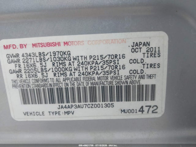 Aukcja sprzedaży 2012 Mitsubishi Outlander Sport Es, vin: JA4AP3AU7CZ001305, numer aukcji: 45621709