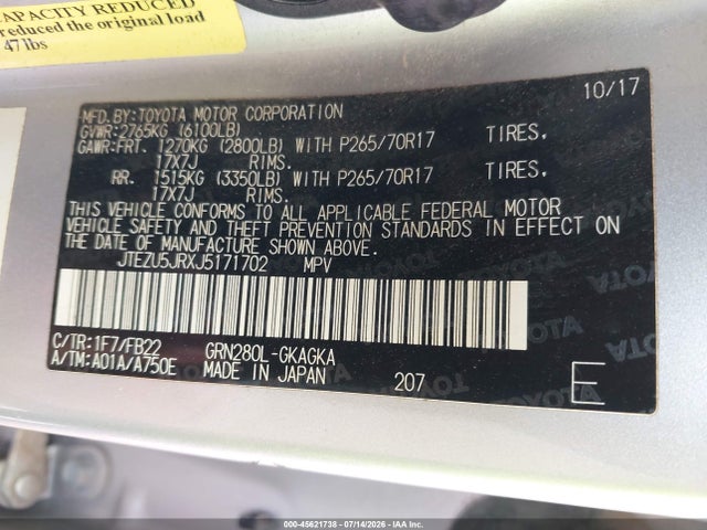 Aukcja sprzedaży 2018 Toyota 4runner Sr5, vin: JTEZU5JRXJ5171702, numer aukcji: 45621738