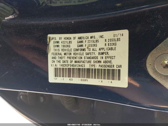 2014 Honda Accord Sport მანქანა იყიდება აუქციონზე, vin: 1HGCR2F54EA124423, აუქციონის ნომერი: 45621745