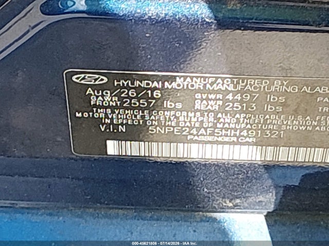 2017 Hyundai Sonata მანქანა იყიდება აუქციონზე, vin: 5NPE24AF5HH491321, აუქციონის ნომერი: 45621806