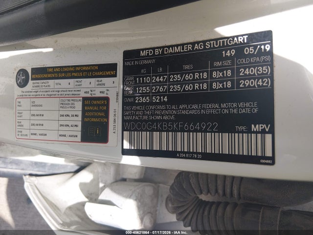 45621864 :رقم المزاد ، WDC0G4KB5KF664922 vin ، 2019 Mercedes-benz Glc 300 4matic مزاد بيع
