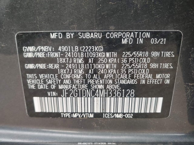 45621870 :رقم المزاد ، JF2GTDNC4MH336128 vin ، 2021 Subaru Crosstrek Hybrid مزاد بيع