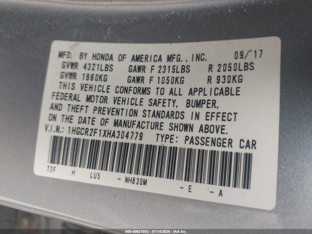 1HGCR2F1XHA304779 Honda Accord Sport Se