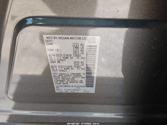 Aukcja sprzedaży 2017 Nissan Pathfinder Platinum, vin: 5N1DR2MN0HC631068, numer aukcji: 45621891