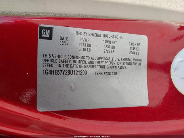 2008 Buick Lucerne Cxs მანქანა იყიდება აუქციონზე, vin: 1G4HE57Y28U121299, აუქციონის ნომერი: 45621898