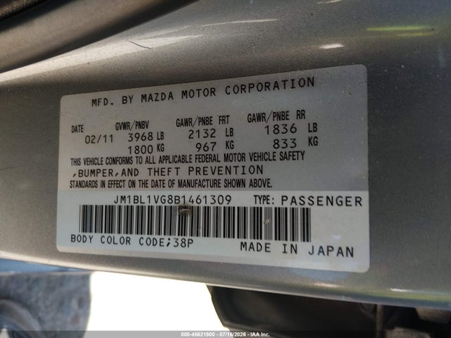 45621900 :رقم المزاد ، JM1BL1VG8B1461309 vin ، 2011 Mazda Mazda3 I Touring مزاد بيع
