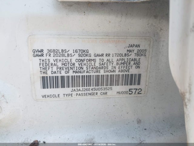 Aukcja sprzedaży 2005 Mitsubishi Lancer Es, vin: JA3AJ26E45U053525, numer aukcji: 45621907