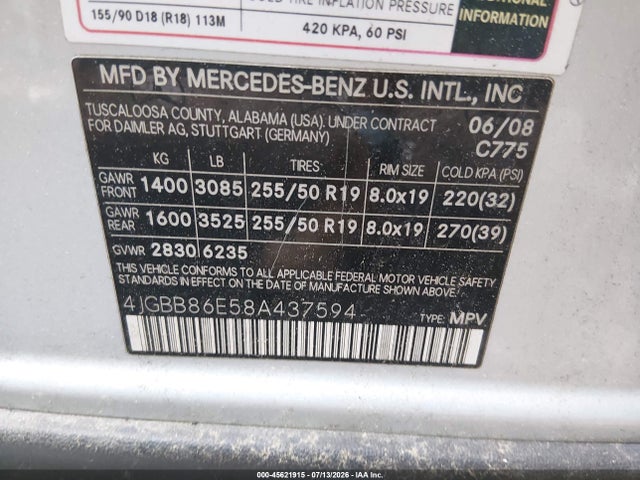 Продаж на аукціоні авто 2008 Mercedes-benz M-class 3.5l, vin: 4JGBB86E58A437594, номер лоту: 45621915