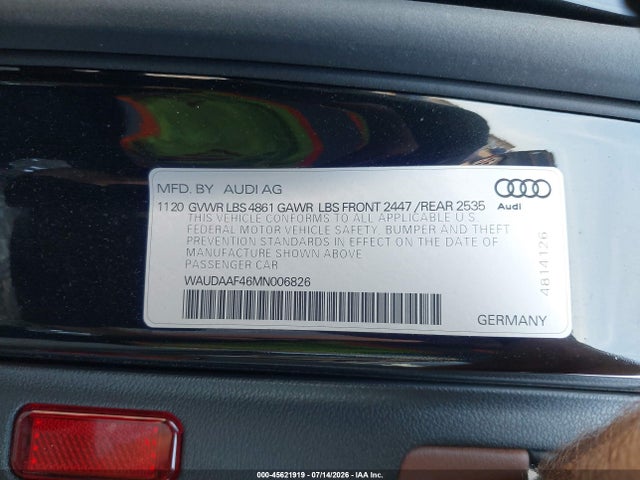 45621919 :رقم المزاد ، WAUDAAF46MN006826 vin ، 2021 Audi A4 Premium 45 Tfsi S Line Quattro S Tronic مزاد بيع