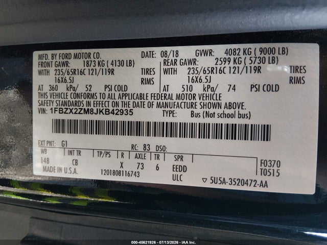 Продажа на аукционе авто 2018 Ford Transit-350 Xl, vin: 1FBZX2ZM8JKB42935, номер лота: 45621926
