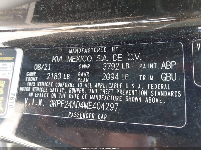 45621938 :رقم المزاد ، 3KPF24AD4ME404297 vin ، 2021 Kia Forte Lxs مزاد بيع