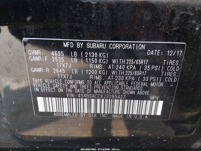 45621985 :رقم المزاد ، 4S4BSACC8J3285427 vin ، 2018 Subaru Outback 2.5i Premium مزاد بيع
