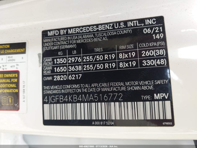 45621988 :رقم المزاد ، 4JGFB4KB4MA516772 vin ، 2021 Mercedes-benz Gle 350 4matic مزاد بيع