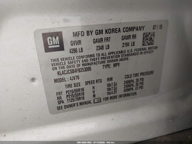 45621992 :رقم المزاد ، KL4CJCSB4FB253095 vin ، 2015 Buick Encore Leather مزاد بيع