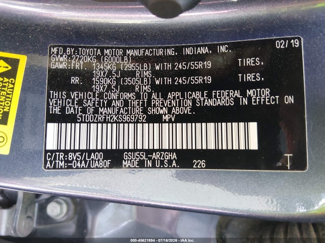 5TDDZRFH2KS969792 Toyota Highlander Limited Platinum