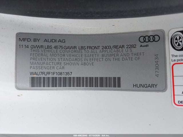 Aukcja sprzedaży 2015 Audi A3 2.0t Premium, vin: WAU7FLFF1F1081357, numer aukcji: 45622045