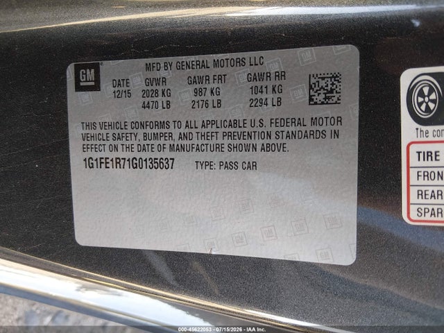 2016 Chevrolet Camaro 1ss მანქანა იყიდება აუქციონზე, vin: 1G1FE1R71G0135637, აუქციონის ნომერი: 45622053