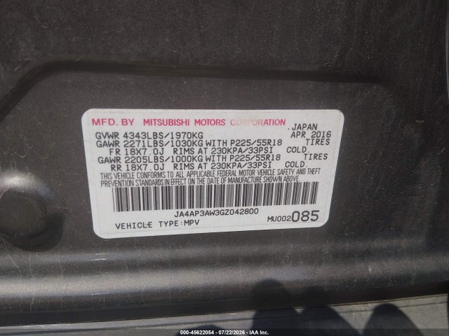 2016 Mitsubishi Outlander Sport 2.4 Se მანქანა იყიდება აუქციონზე, vin: JA4AP3AW3GZ042800, აუქციონის ნომერი: 45622054