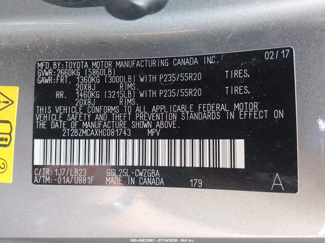 45622061 :رقم المزاد ، 2T2BZMCAXHC081743 vin ، 2017 Lexus Rx 350 مزاد بيع