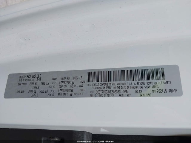 Продаж на аукціоні авто 2019 Ram Promaster 2500 High Roof 159 Wb, vin: 3C6TRVDG3KE502333, номер лоту: 45622080