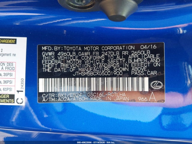 45622086 :رقم المزاد ، JTHSM5BCXG5001900 vin ، 2016 Lexus Rc 300 مزاد بيع