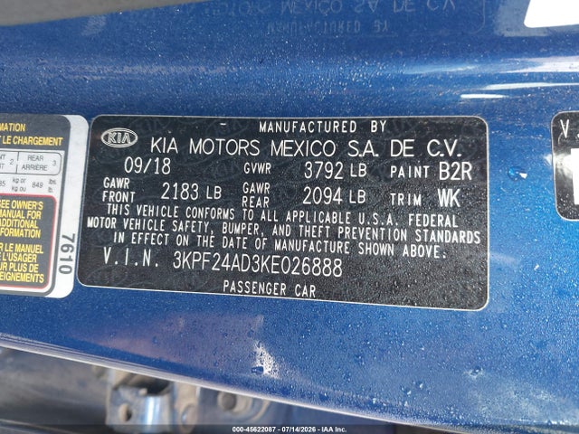 Продаж на аукціоні авто 2019 Kia Forte Lxs, vin: 3KPF24AD3KE026888, номер лоту: 45622087