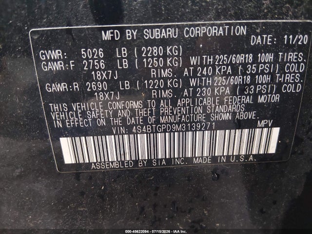 2021 Subaru Outback Touring Xt მანქანა იყიდება აუქციონზე, vin: 4S4BTGPD9M3139271, აუქციონის ნომერი: 45622094