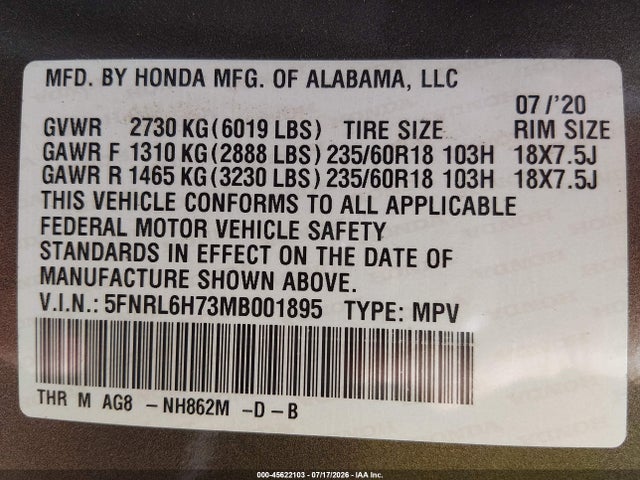 5FNRL6H73MB001895 Honda Odyssey Ex-l