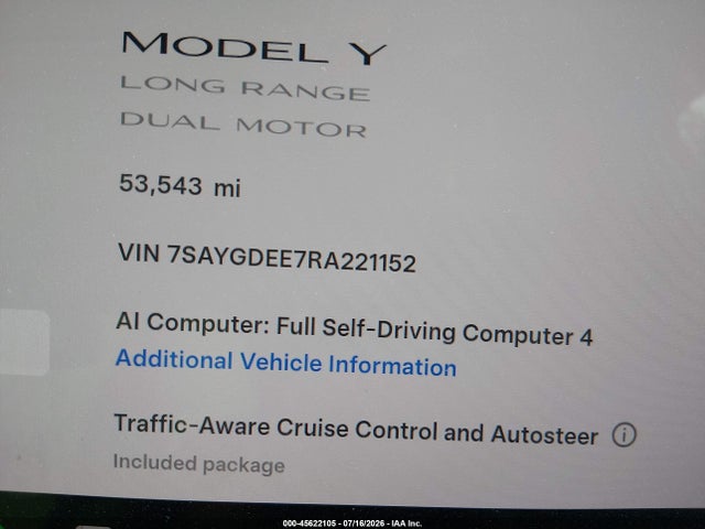 2024 Tesla Model Y Long Range Dual Motor All-wheel Drive მანქანა იყიდება აუქციონზე, vin: 7SAYGDEE7RA221152, აუქციონის ნომერი: 45622105