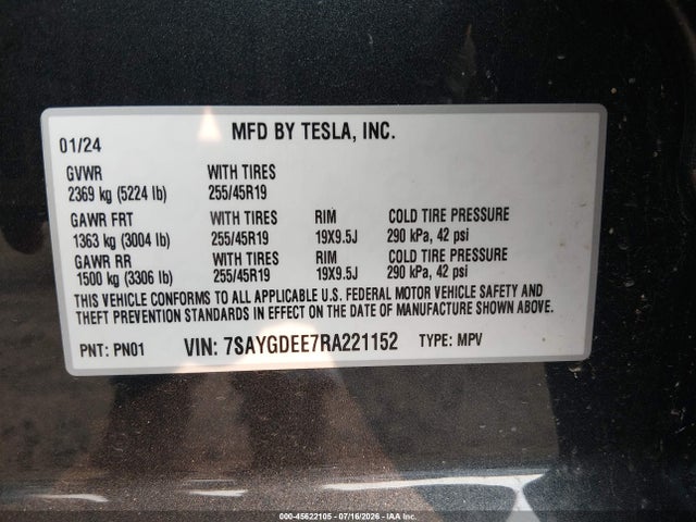 2024 Tesla Model Y Long Range Dual Motor All-wheel Drive მანქანა იყიდება აუქციონზე, vin: 7SAYGDEE7RA221152, აუქციონის ნომერი: 45622105